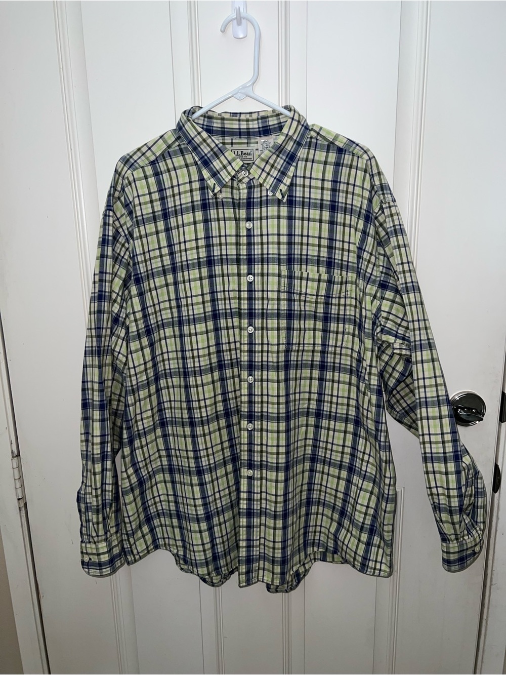LL.Bean Navy Blue/Green Plaid Long Sleeve Preppy Button Down Sz XL